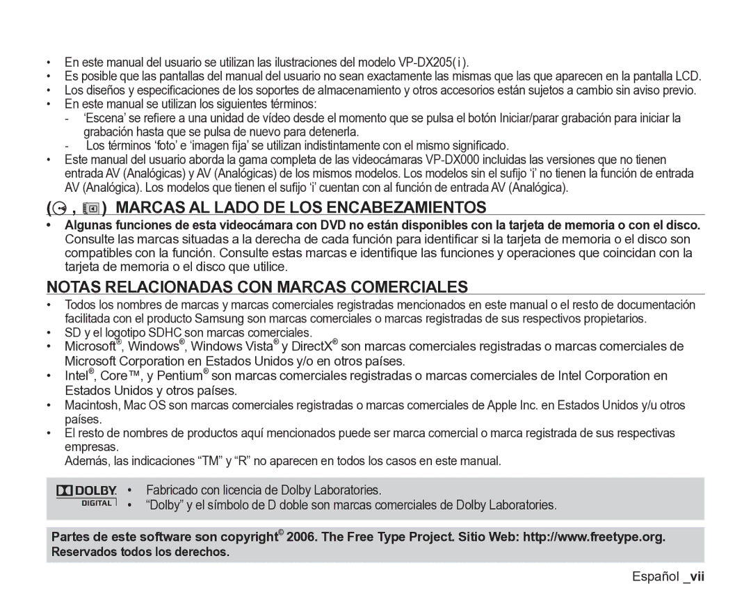 Samsung VP-DX200/EDC, VP-DX205/EDC manual Marcas AL Lado DE LOS Encabezamientos, Notas Relacionadas CON Marcas Comerciales 