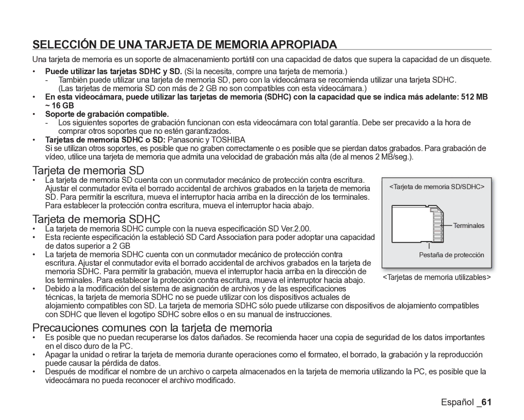 Samsung VP-DX200/EDC manual Selección DE UNA Tarjeta DE Memoria Apropiada, Tarjeta de memoria SD, Tarjeta de memoria Sdhc 