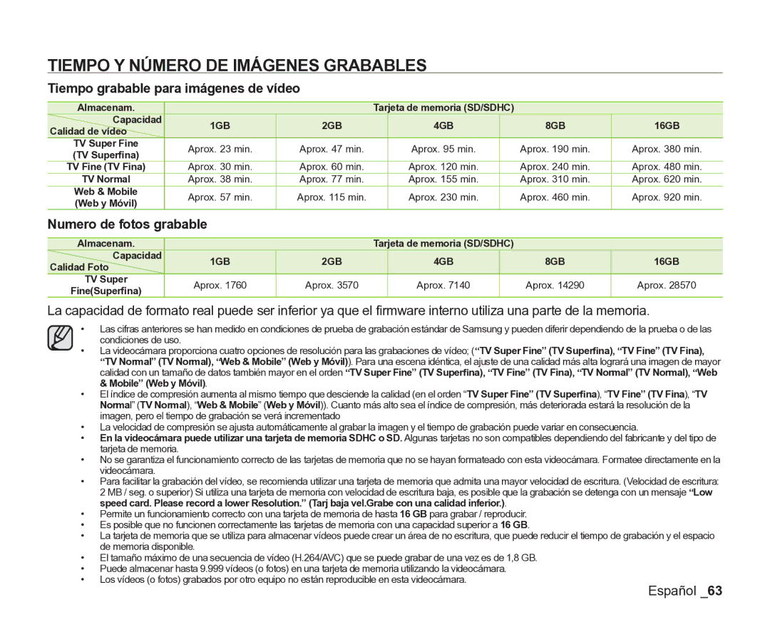 Samsung VP-DX200/EDC, VP-DX205/EDC manual Tiempo Y Número DE Imágenes Grabables, Tiempo grabable para imágenes de vídeo 