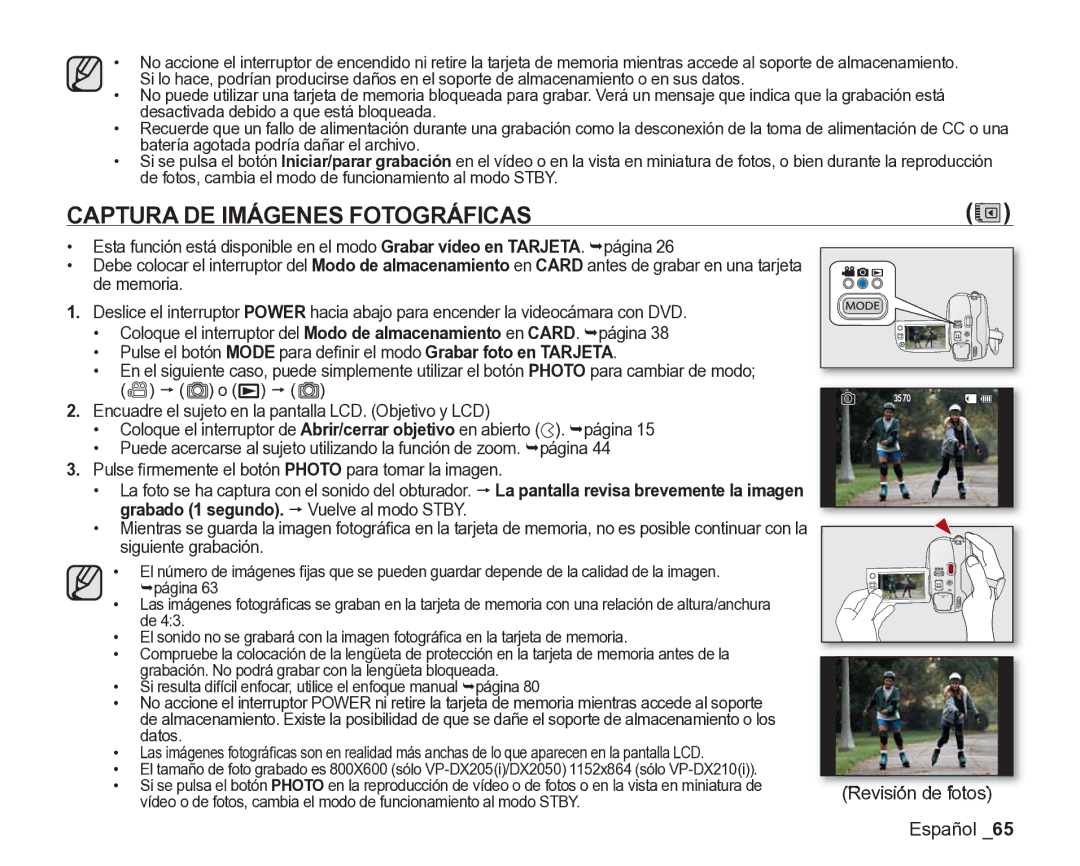 Samsung VP-DX200/EDC manual Captura DE Imágenes Fotográficas, Revisión de fotos, Grabado 1 segundo. p Vuelve al modo Stby 