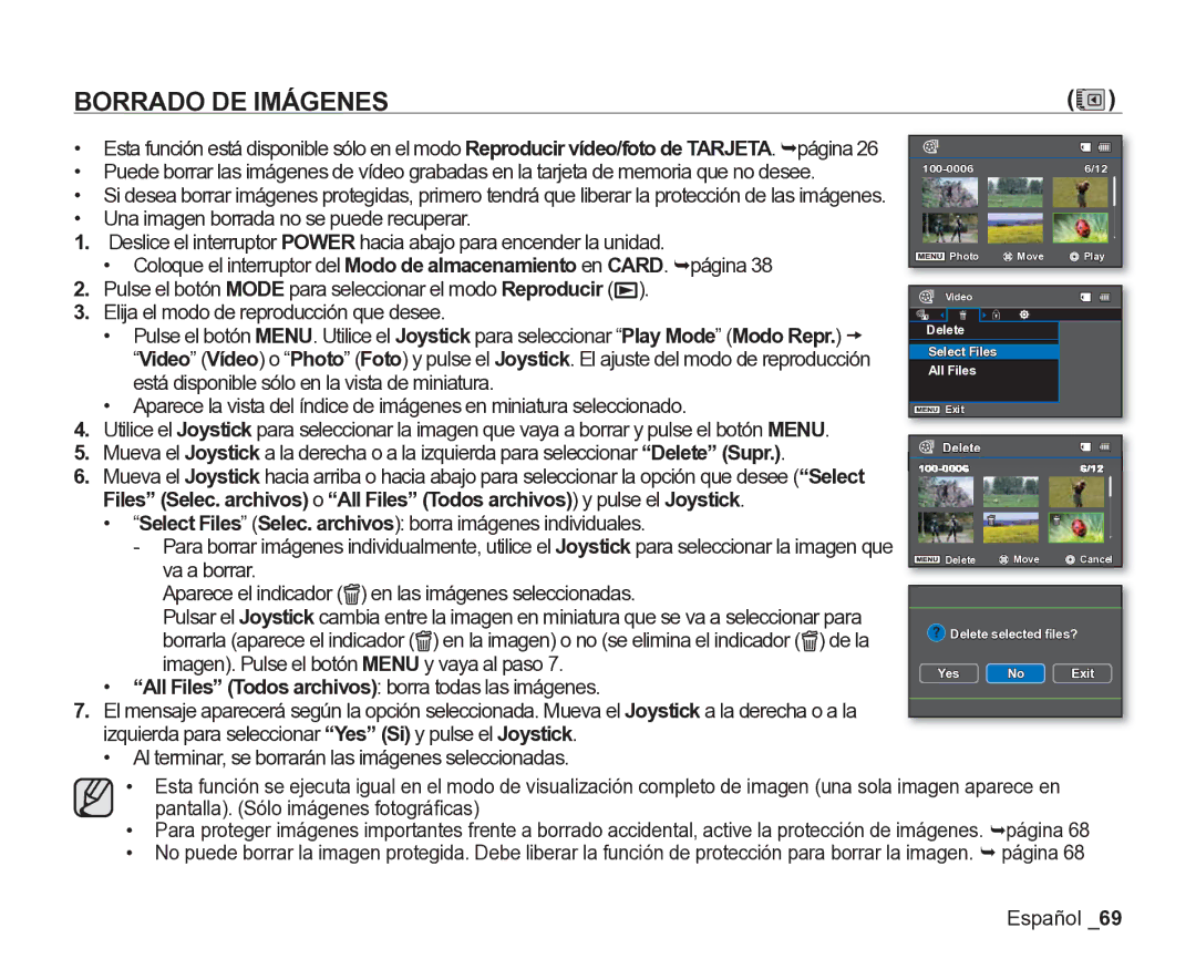 Samsung VP-DX200/EDC, VP-DX205/EDC manual Borrado DE Imágenes, All Files Todos archivos borra todas las imágenes 