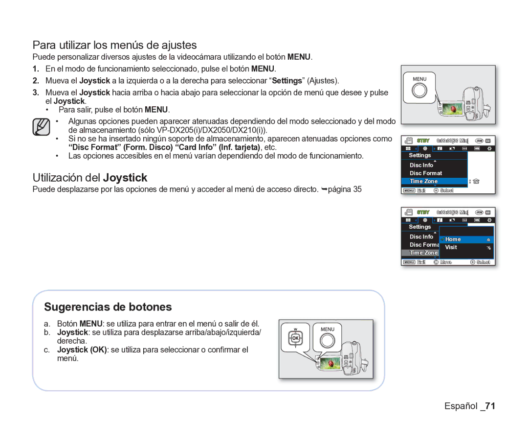 Samsung VP-DX200/EDC, VP-DX205/EDC manual Para utilizar los menús de ajustes, Sugerencias de botones 