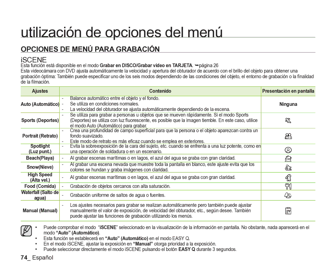 Samsung VP-DX205/EDC, VP-DX200/EDC manual Opciones DE Menú Para Grabación, Iscene, Ajustes Contenido, Modo Auto Automático 