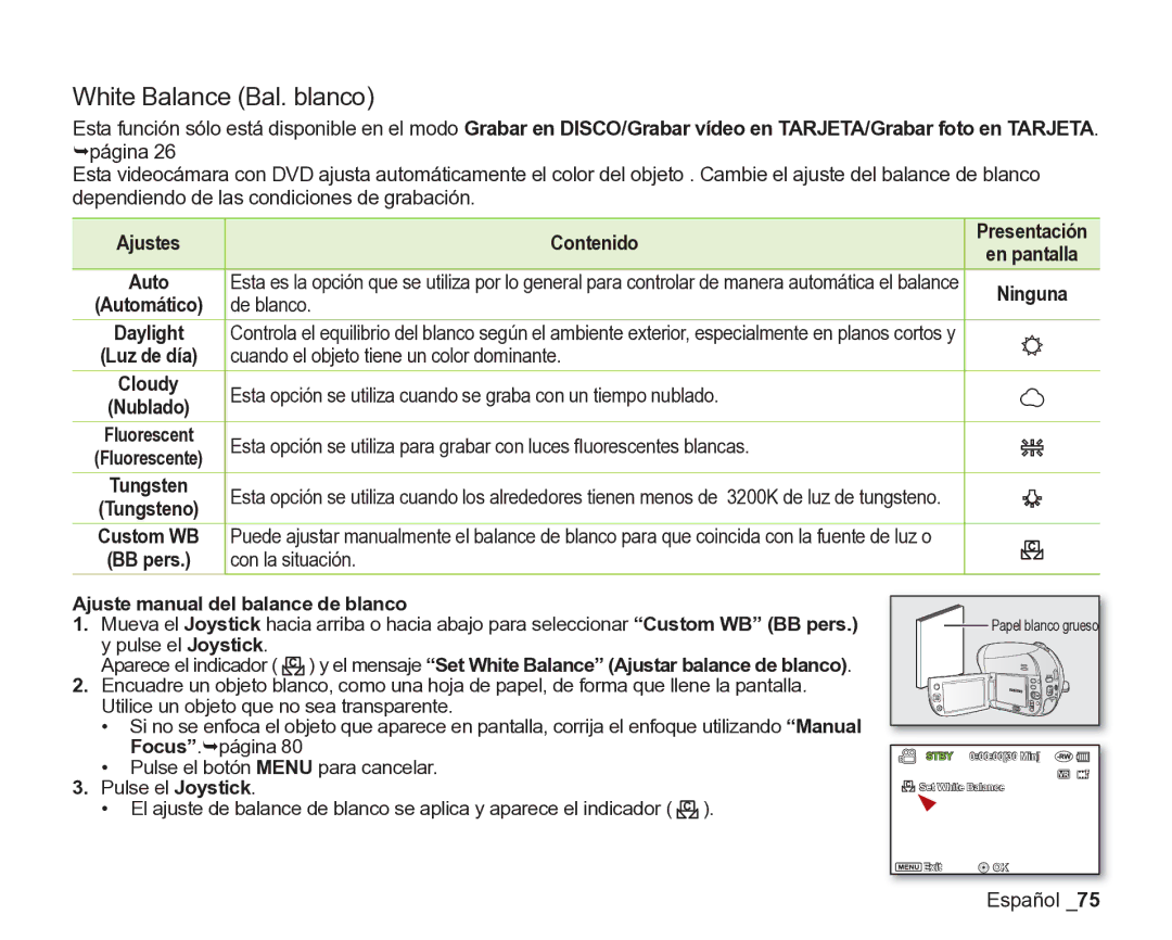 Samsung VP-DX200/EDC White Balance Bal. blanco, Ajustes Contenido, De blanco, Cuando el objeto tiene un color dominante 