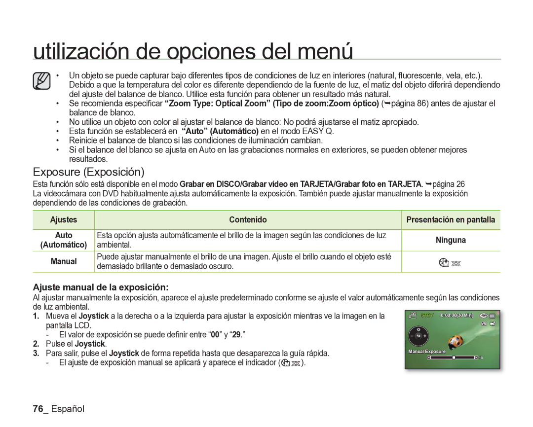 Samsung VP-DX205/EDC, VP-DX200/EDC Exposure Exposición, Ajuste manual de la exposición, Ambiental 