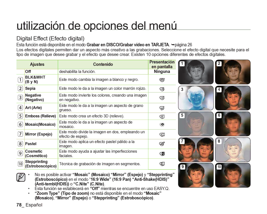 Samsung VP-DX205/EDC, VP-DX200/EDC manual Digital Effect Efecto digital 