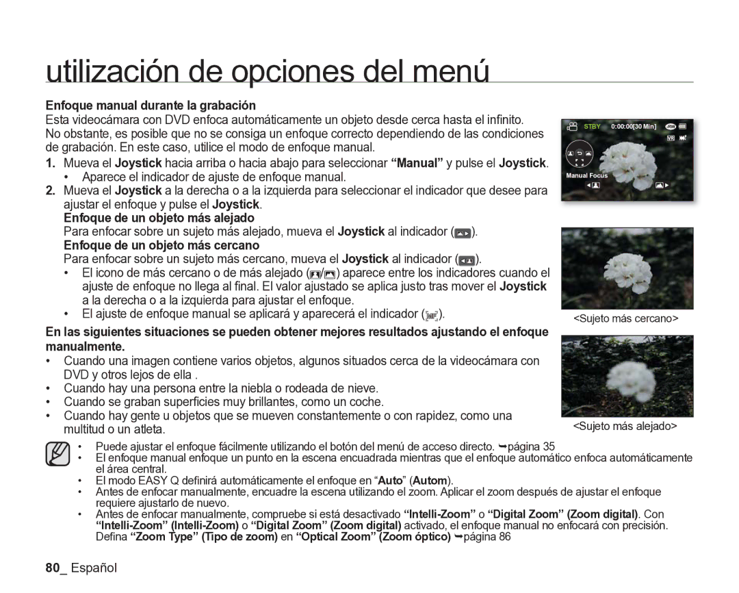 Samsung VP-DX205/EDC, VP-DX200/EDC Enfoque manual durante la grabación, Enfoque de un objeto más alejado 