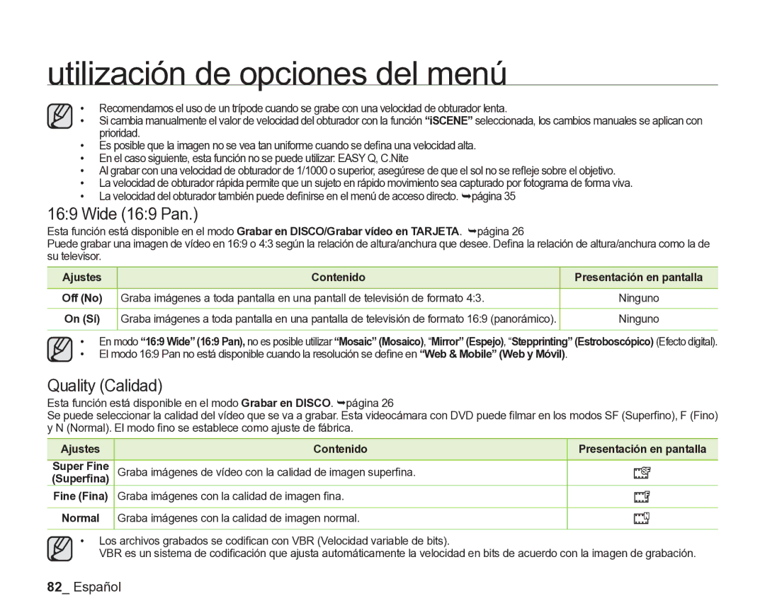 Samsung VP-DX205/EDC, VP-DX200/EDC manual Wide 169 Pan, Quality Calidad, Ajustes Contenido Presentación en pantalla 