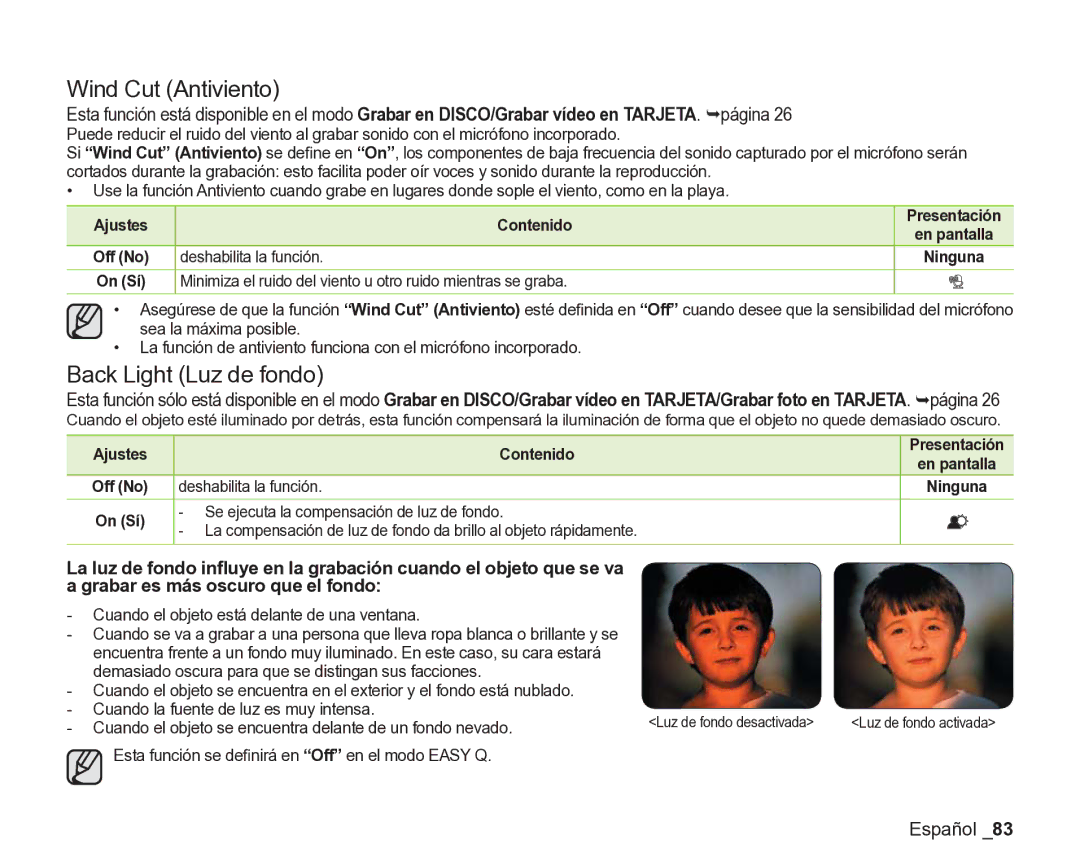 Samsung VP-DX200/EDC, VP-DX205/EDC manual Wind Cut Antiviento, Back Light Luz de fondo, Ajustes, Deshabilita la función 