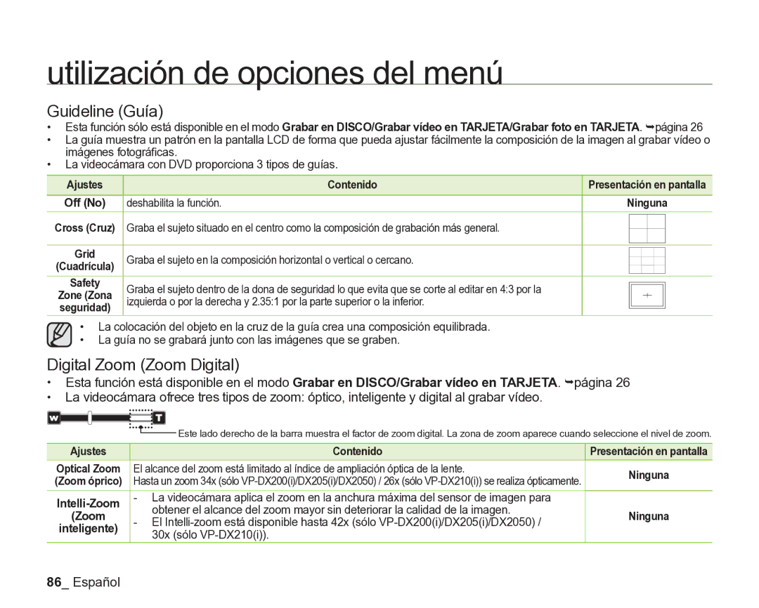 Samsung VP-DX205/EDC manual Guideline Guía, Digital Zoom Zoom Digital, Ajustes Contenido Optical Zoom, 30x sólo VP-DX210i 