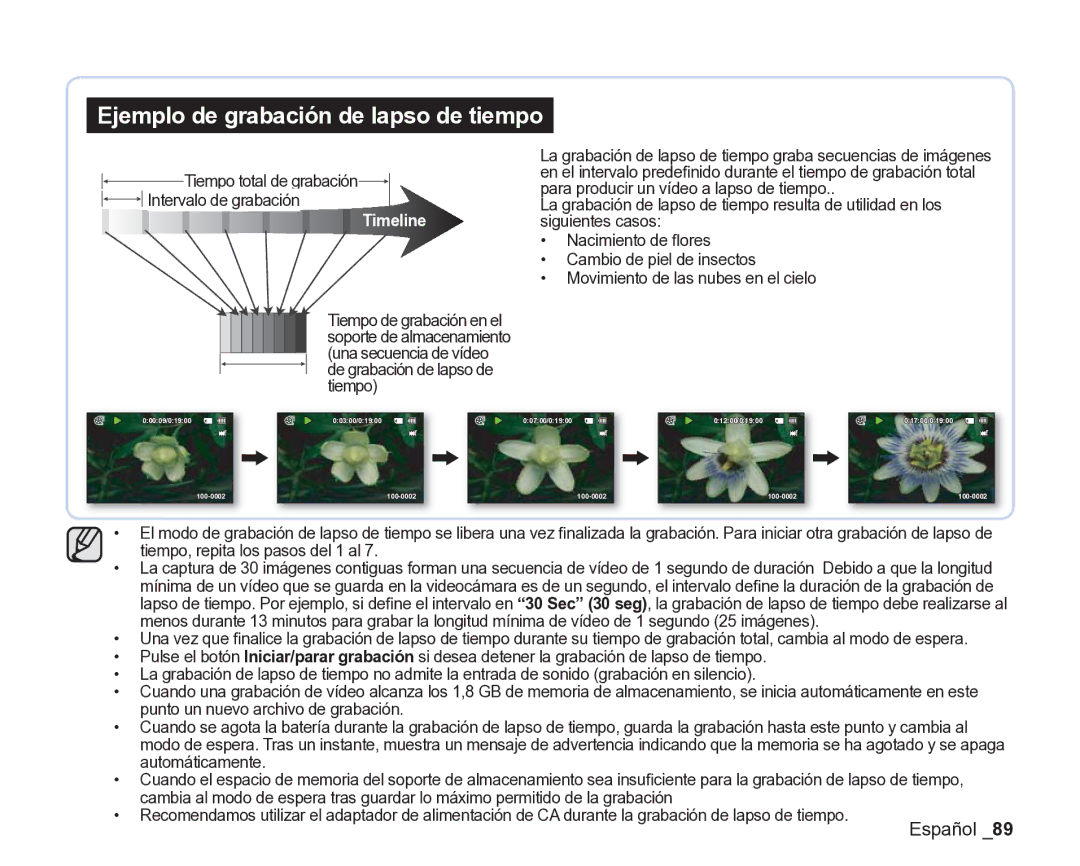 Samsung VP-DX200/EDC manual Ejemplo de grabación de lapso de tiempo, Tiempo total de grabación Intervalo de grabación 