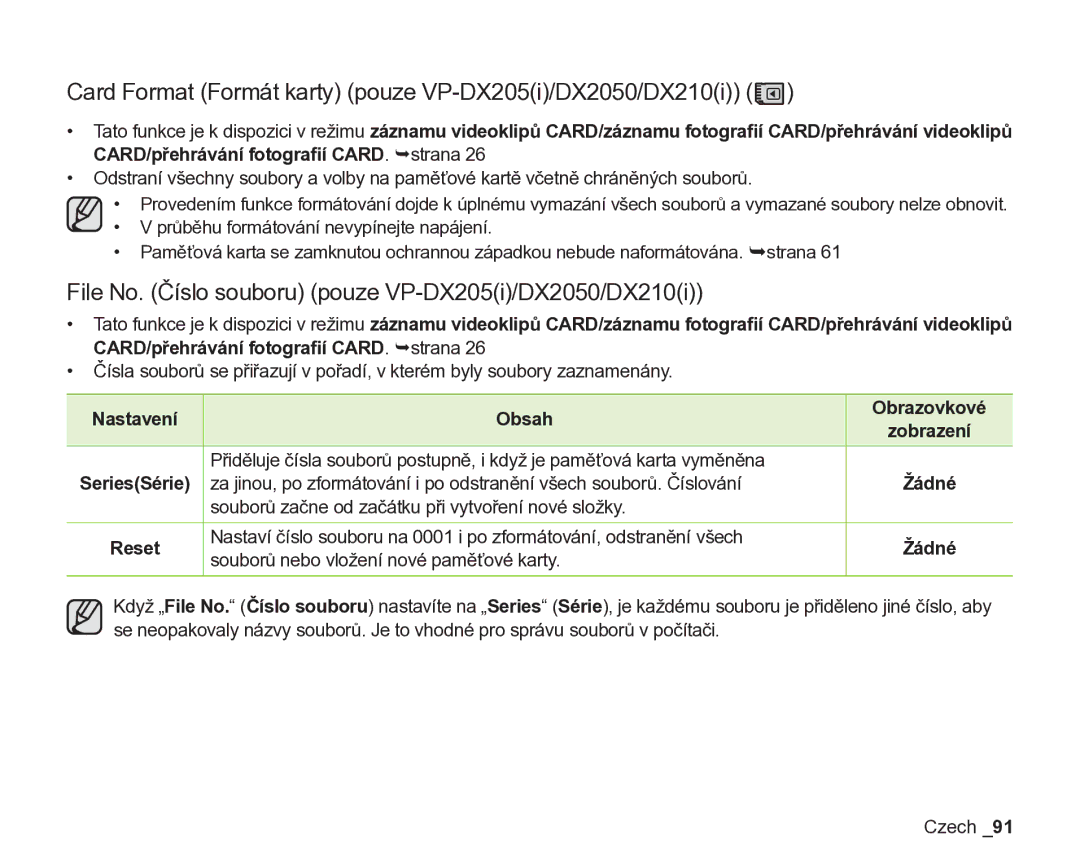 Samsung VP-DX200/EDC, VP-DX205/EDC Card Format Formát karty pouze VP-DX205i/DX2050/DX210i, Nastavení Obsah Obrazovkové 