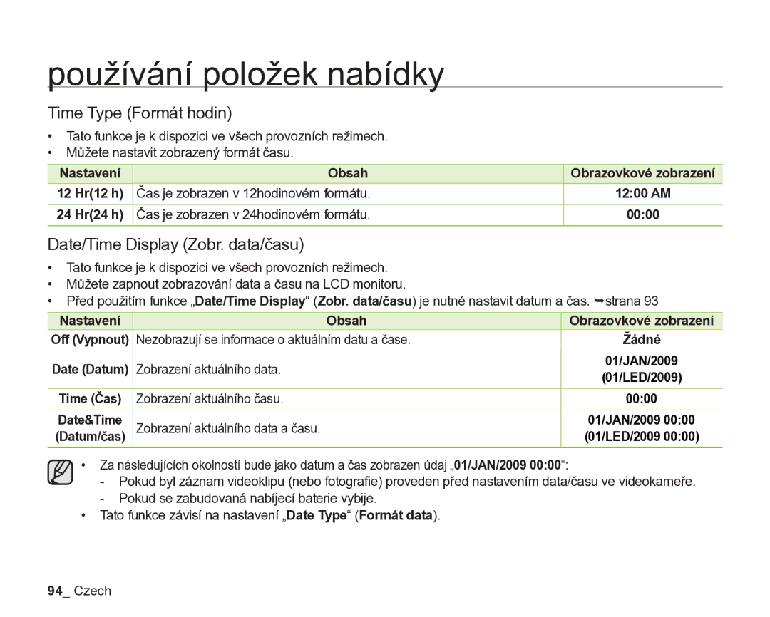 Samsung VP-DX205/EDC, VP-DX200/EDC manual Time Type Formát hodin, Date/Time Display Zobr. data/času 