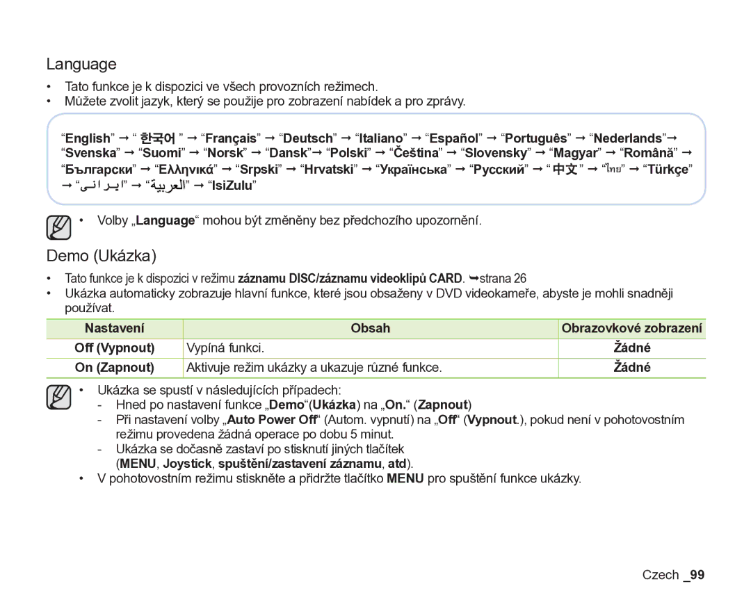 Samsung VP-DX200/EDC, VP-DX205/EDC manual Language, Demo Ukázka, Aktivuje režim ukázky a ukazuje různé funkce 