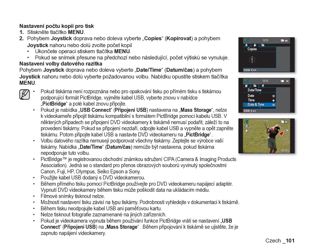 Samsung VP-DX200/EDC manual Nastavení počtu kopií pro tisk, Nastavení volby datového razítka, Filmové snímky tisknout nelze 