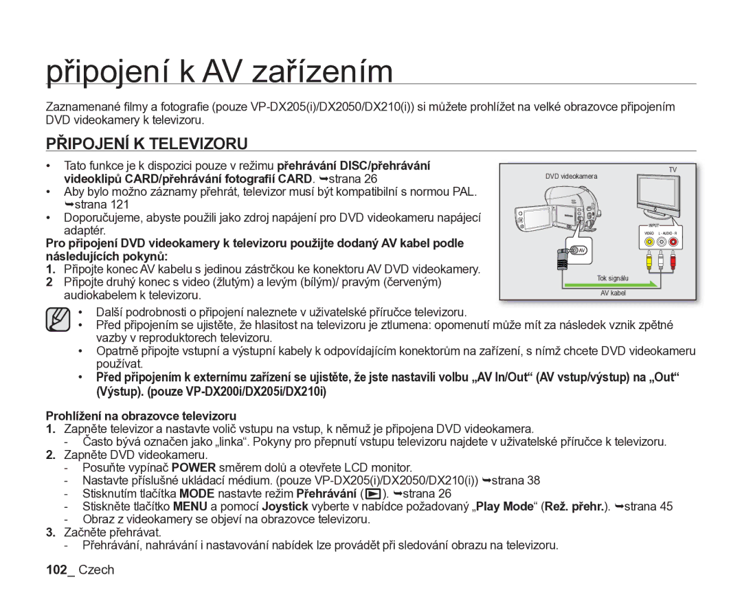 Samsung VP-DX205/EDC, VP-DX200/EDC manual Připojení k AV zařízením, Připojení K Televizoru 