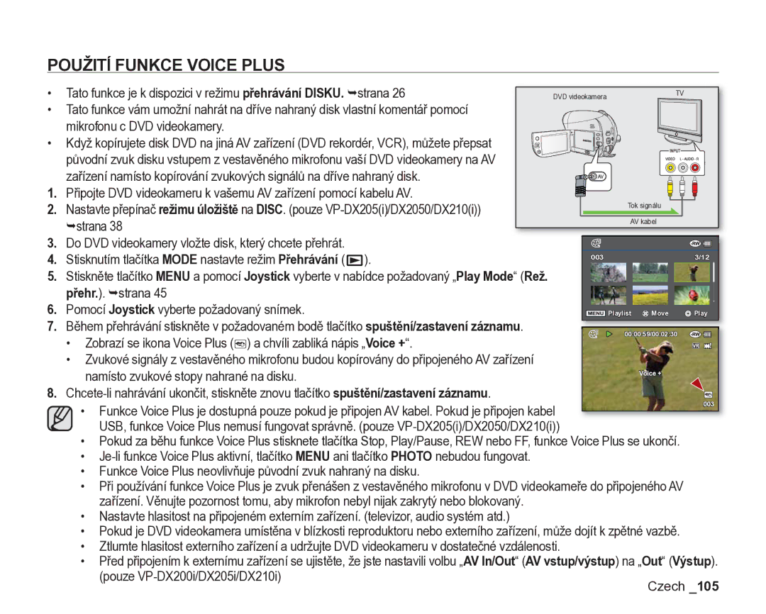 Samsung VP-DX200/EDC, VP-DX205/EDC manual Použití Funkce Voice Plus 