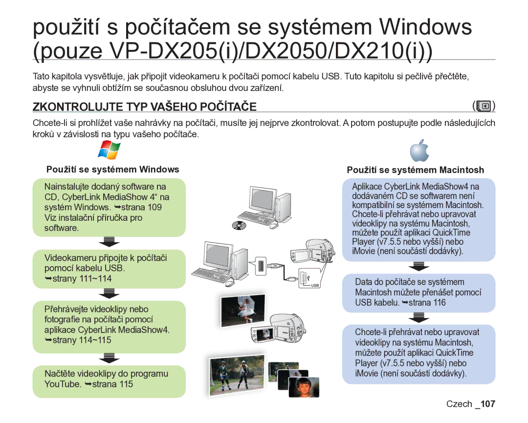 Samsung VP-DX200/EDC manual Zkontrolujte TYP Vašeho Počítače, Použití se systémem Windows, Použití se systémem Macintosh 