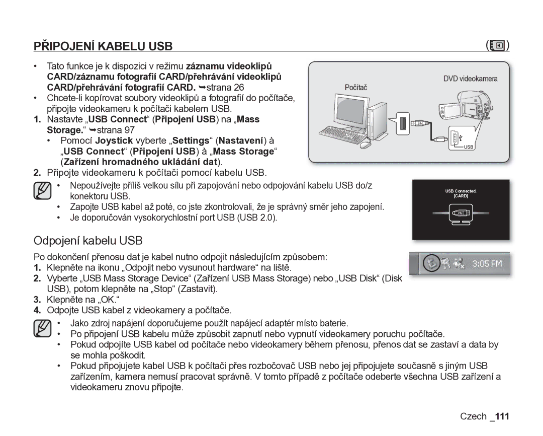 Samsung VP-DX200/EDC manual Připojení Kabelu USB, Odpojení kabelu USB, CARD/záznamu fotograﬁí CARD/přehrávání videoklipů 