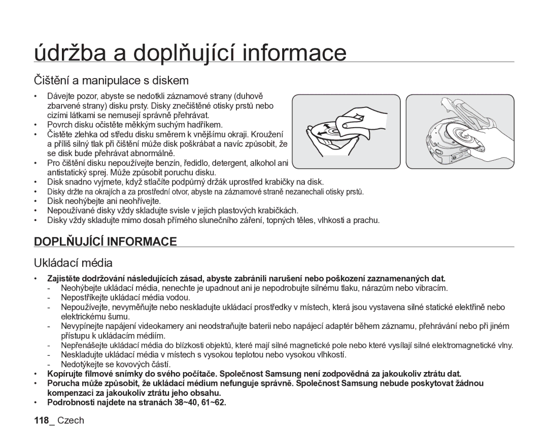 Samsung VP-DX205/EDC, VP-DX200/EDC manual Čištění a manipulace s diskem, Doplňující Informace, Ukládací média 