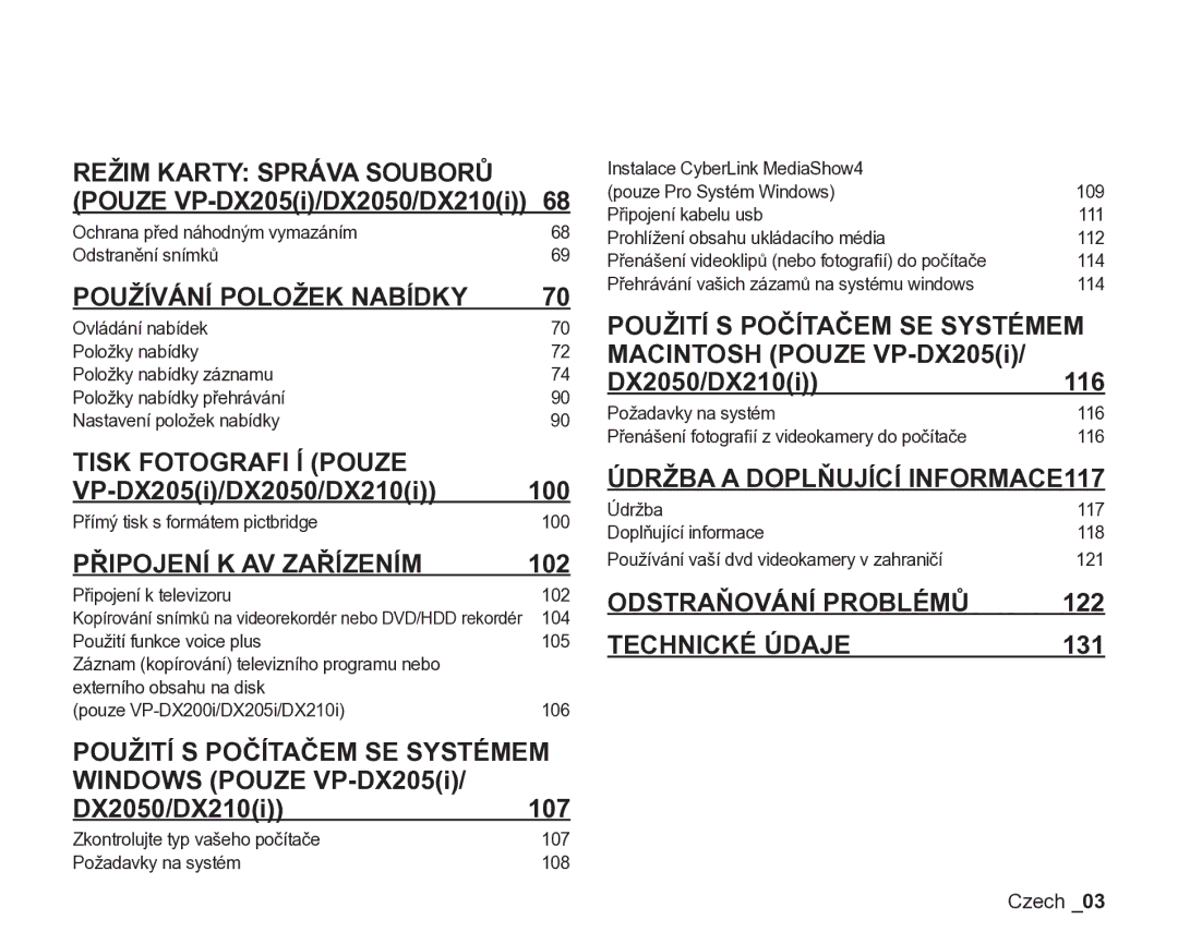 Samsung VP-DX200/EDC Režim Karty Správa Souborů, Používání Položek Nabídky, Tisk Fotografi Í Pouze, Odstraňování Problémů 