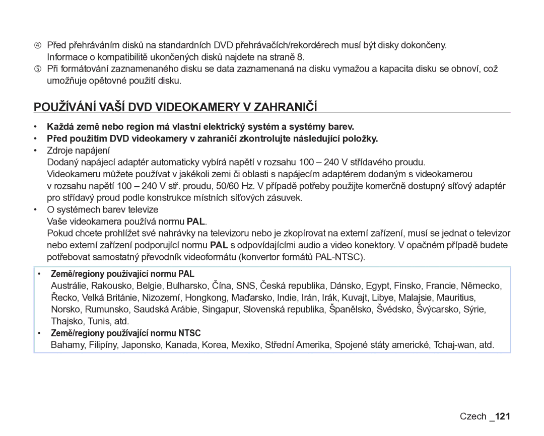 Samsung VP-DX200/EDC manual Používání Vaší DVD Videokamery V Zahraničí, Zdroje napájení, Země/regiony používající normu PAL 