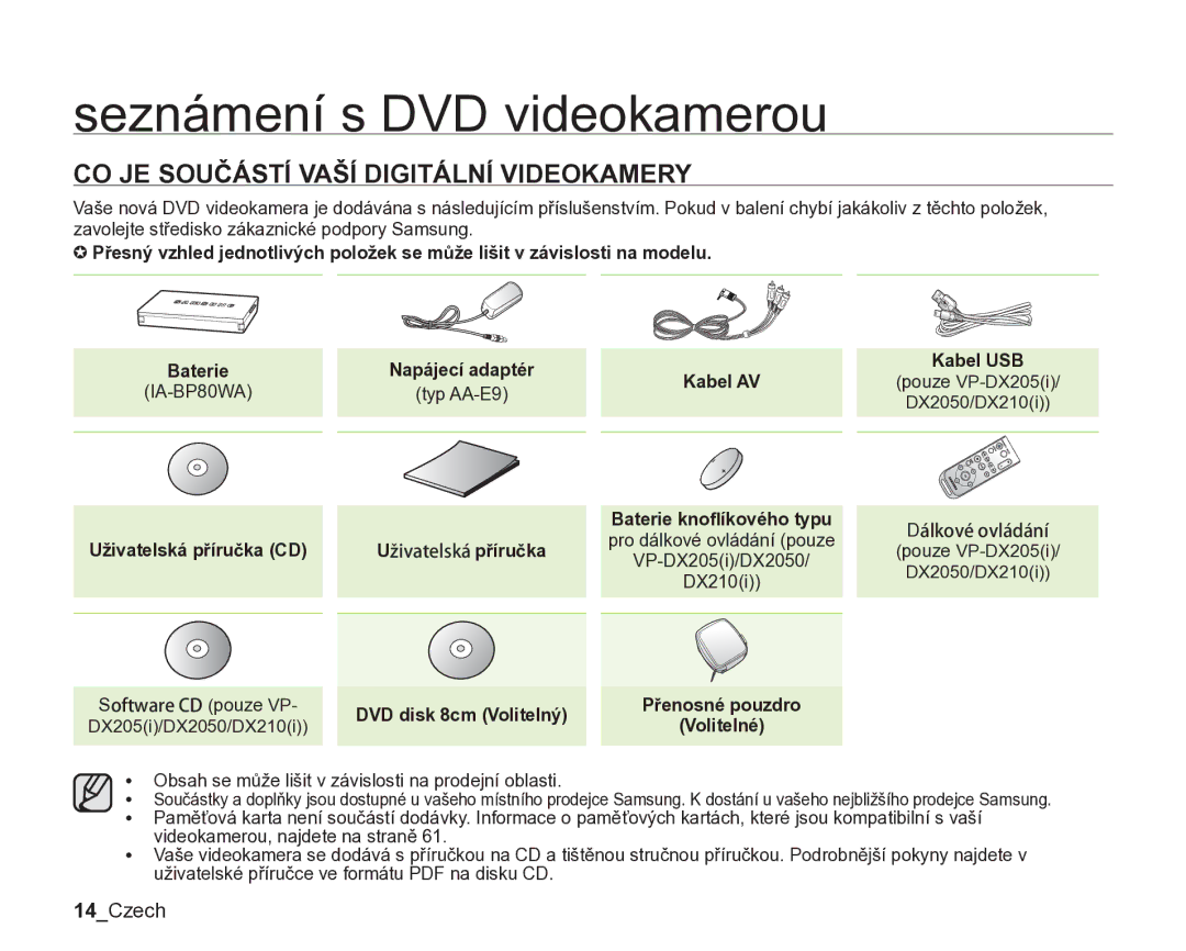 Samsung VP-DX205/EDC, VP-DX200/EDC manual Seznámení s DVD videokamerou, CO JE Součástí Vaší Digitální Videokamery, 14Czech 