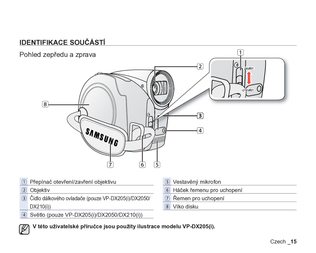 Samsung VP-DX200/EDC, VP-DX205/EDC manual Identifikace Součástí, Pohled zepředu a zprava 