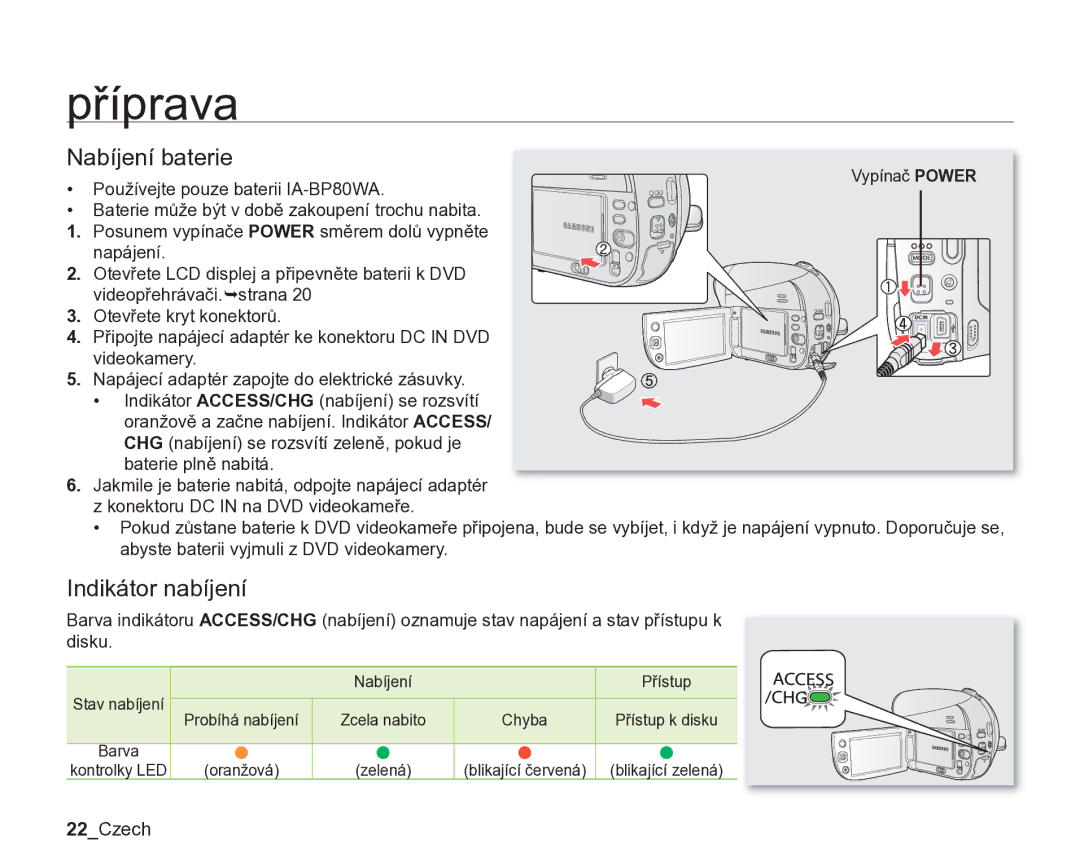 Samsung VP-DX205/EDC, VP-DX200/EDC manual Indikátor nabíjení, 22Czech 