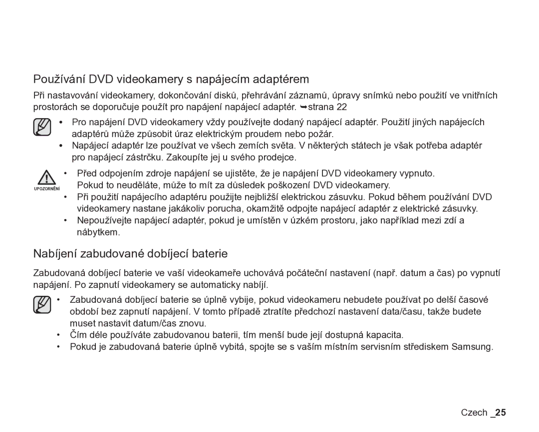 Samsung VP-DX200/EDC, VP-DX205/EDC Používání DVD videokamery s napájecím adaptérem, Nabíjení zabudované dobíjecí baterie 