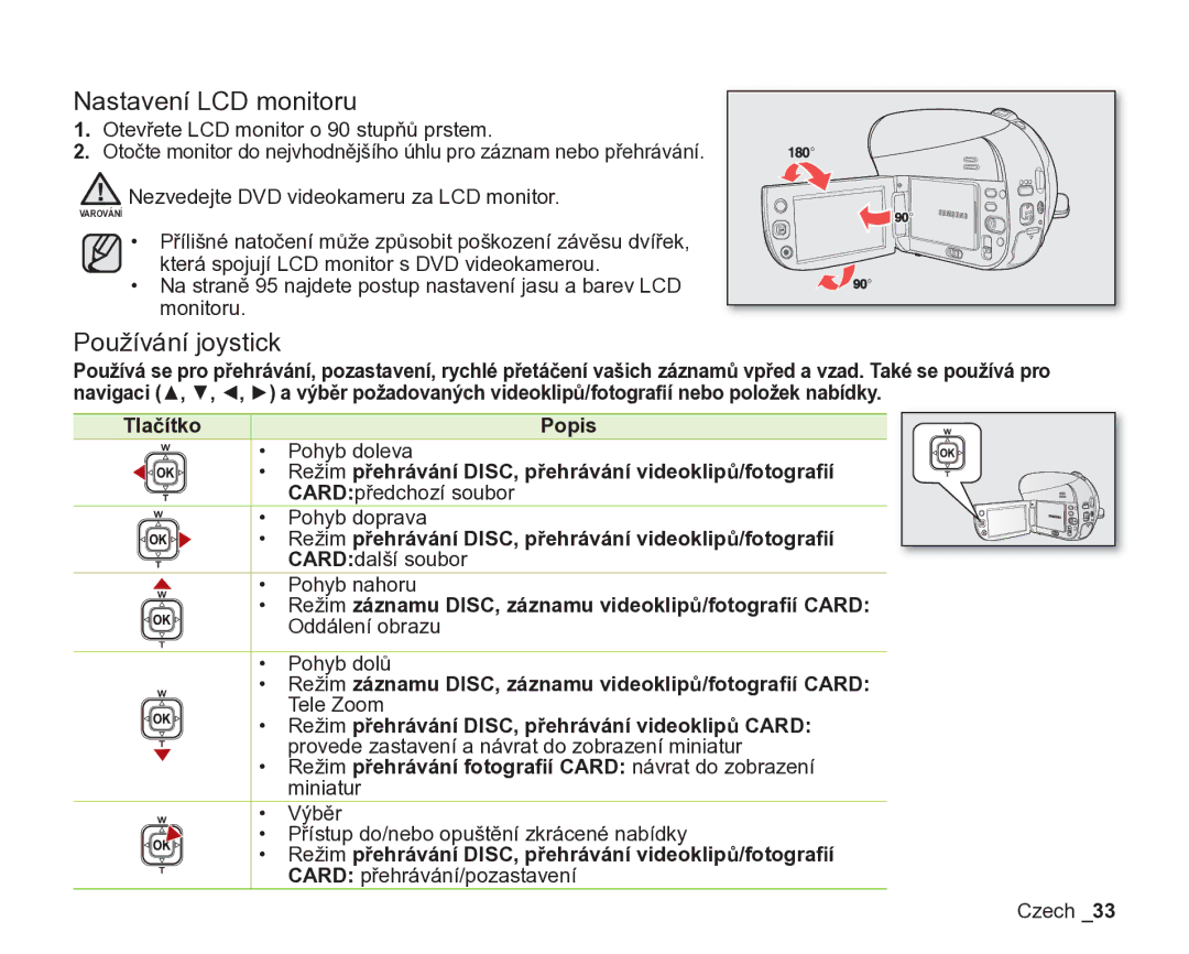 Samsung VP-DX200/EDC, VP-DX205/EDC manual Nastavení LCD monitoru, Používání joystick, Tlačítko Popis 