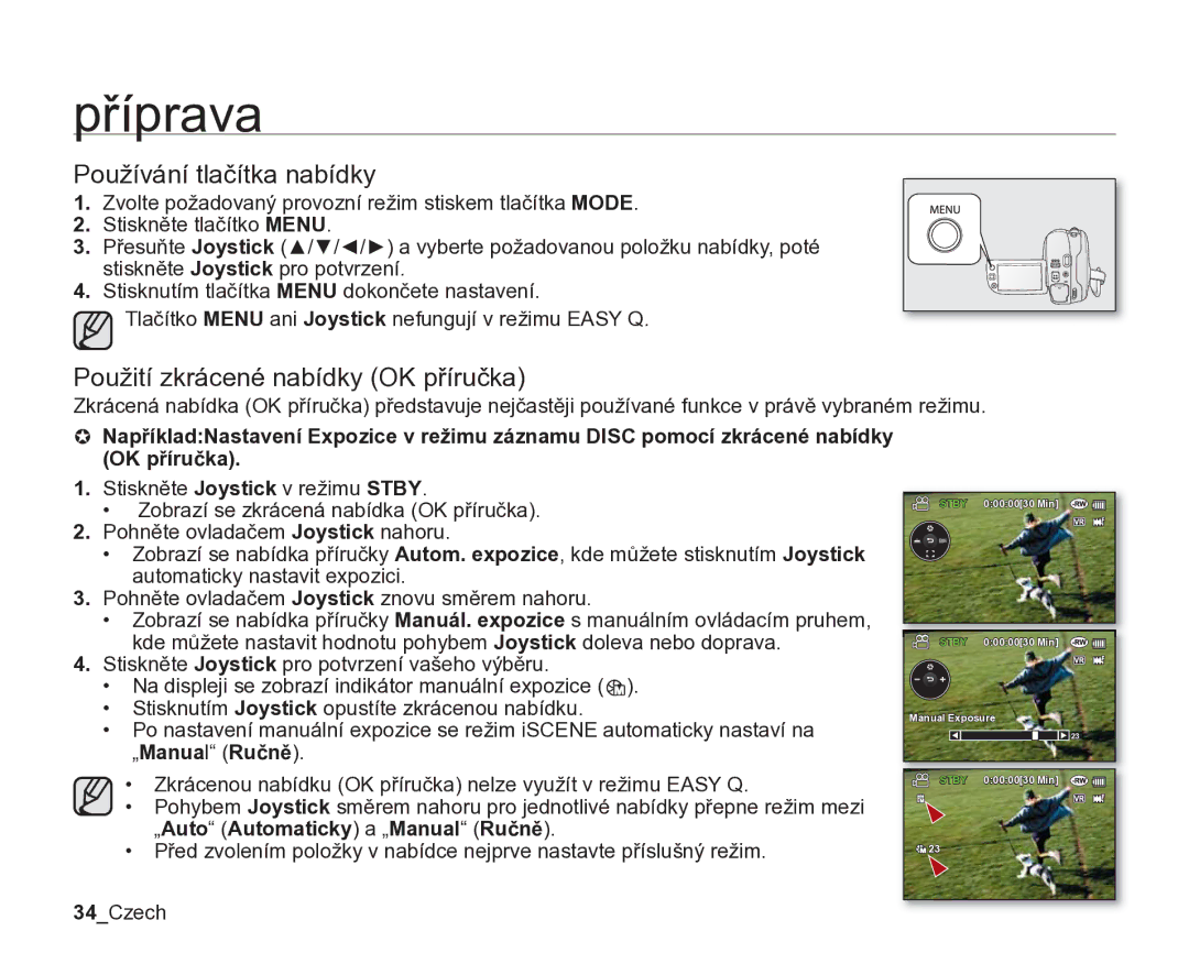 Samsung VP-DX205/EDC, VP-DX200/EDC manual Používání tlačítka nabídky, Použití zkrácené nabídky OK příručka, 34Czech 