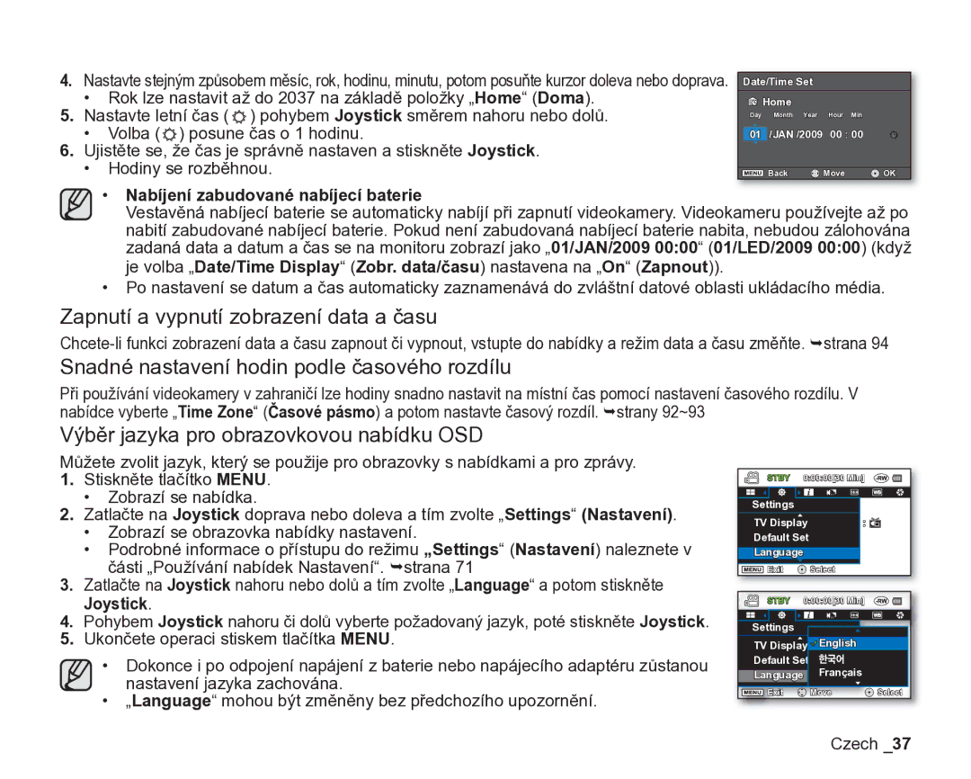 Samsung VP-DX200/EDC, VP-DX205/EDC Zapnutí a vypnutí zobrazení data a času, Snadné nastavení hodin podle časového rozdílu 