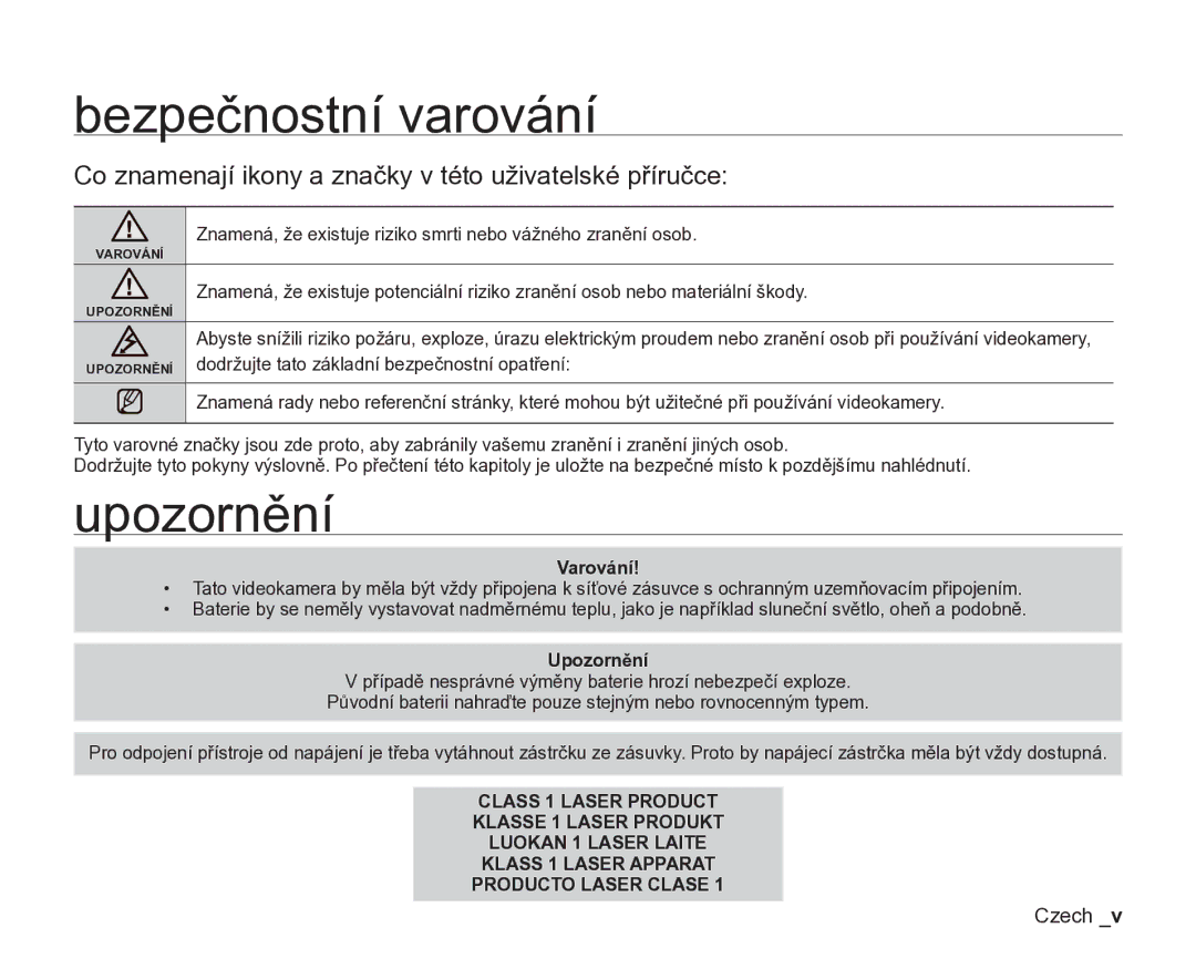 Samsung VP-DX200/EDC Bezpečnostní varování, Upozornění, Co znamenají ikony a značky v této uživatelské příručce, Varování 