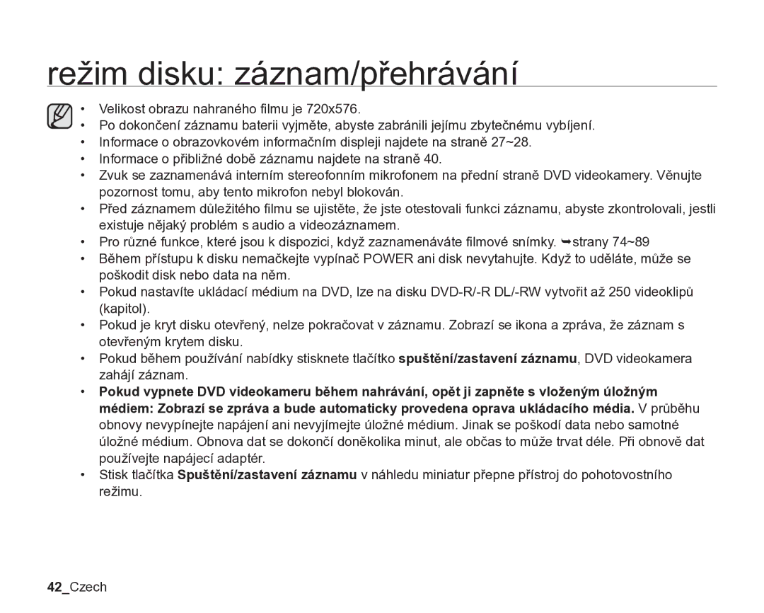 Samsung VP-DX205/EDC, VP-DX200/EDC manual Režim disku záznam/přehrávání 