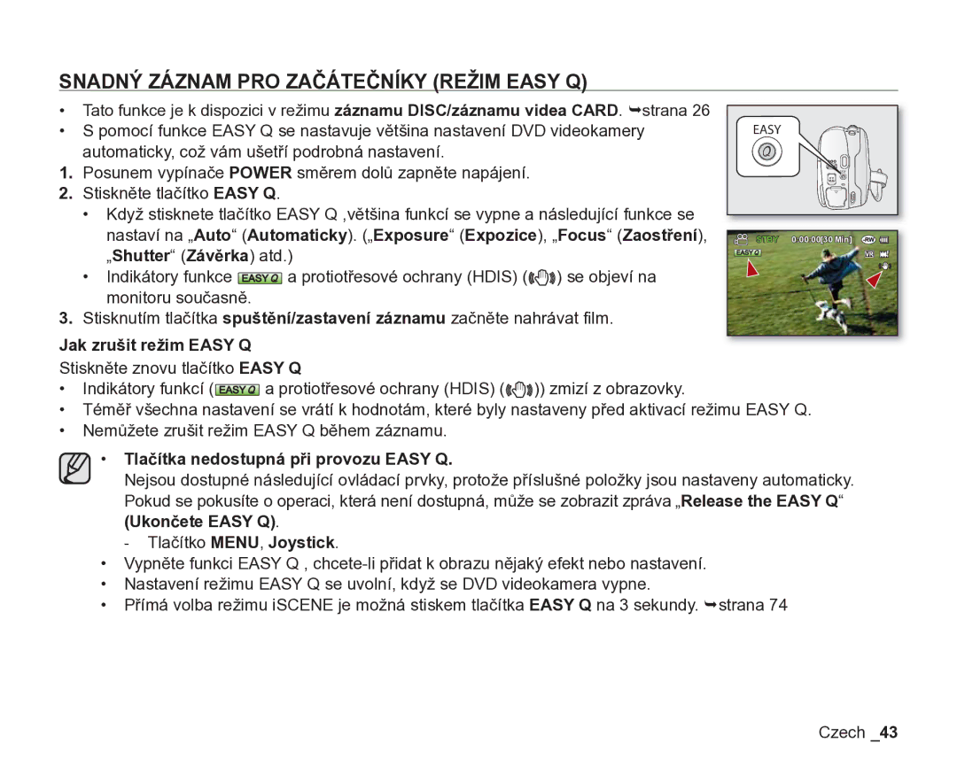 Samsung VP-DX200/EDC manual Snadný Záznam PRO Začátečníky Režim Easy Q, „Shutter Závěrka atd, Jak zrušit režim Easy Q 