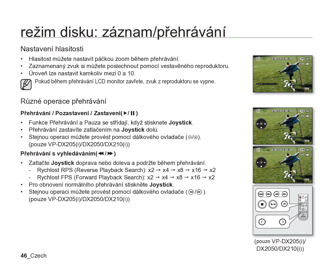 Samsung VP-DX205/EDC, VP-DX200/EDC Nastavení hlasitosti, Různé operace přehrávání, Přehrávání / Pozastavení / Zastaveníf 