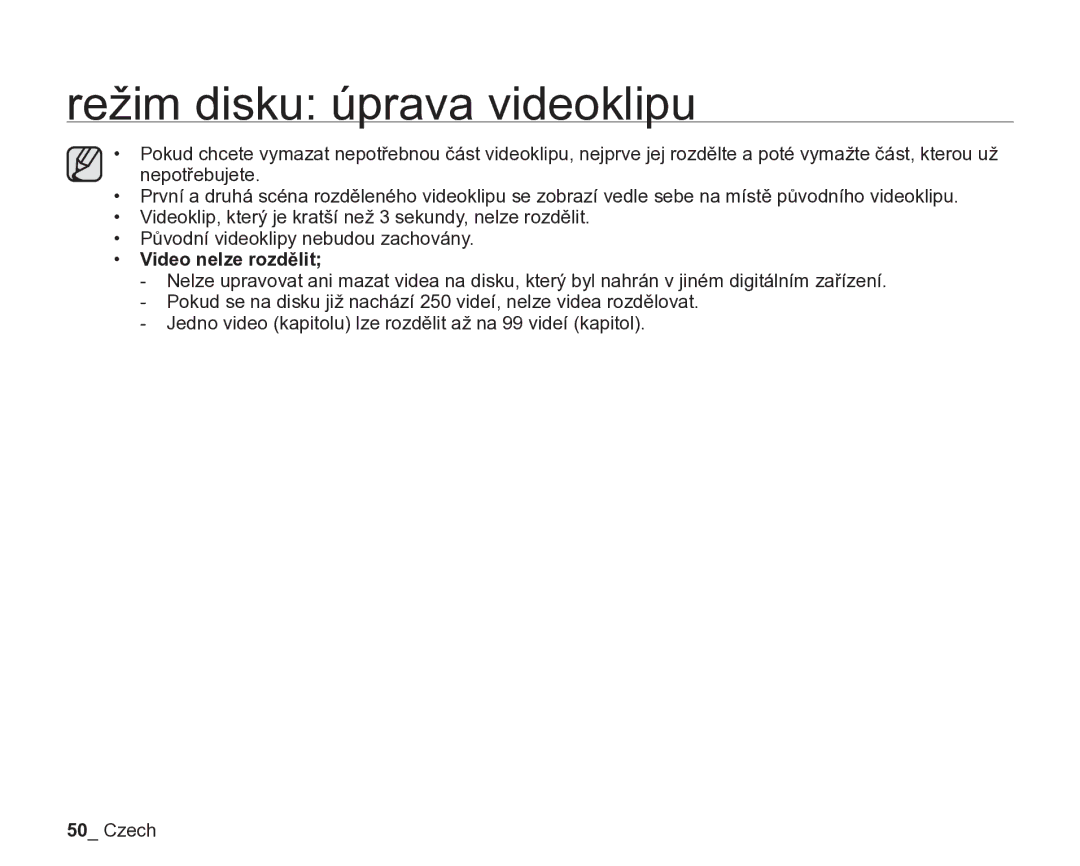 Samsung VP-DX205/EDC, VP-DX200/EDC manual Video nelze rozdělit 