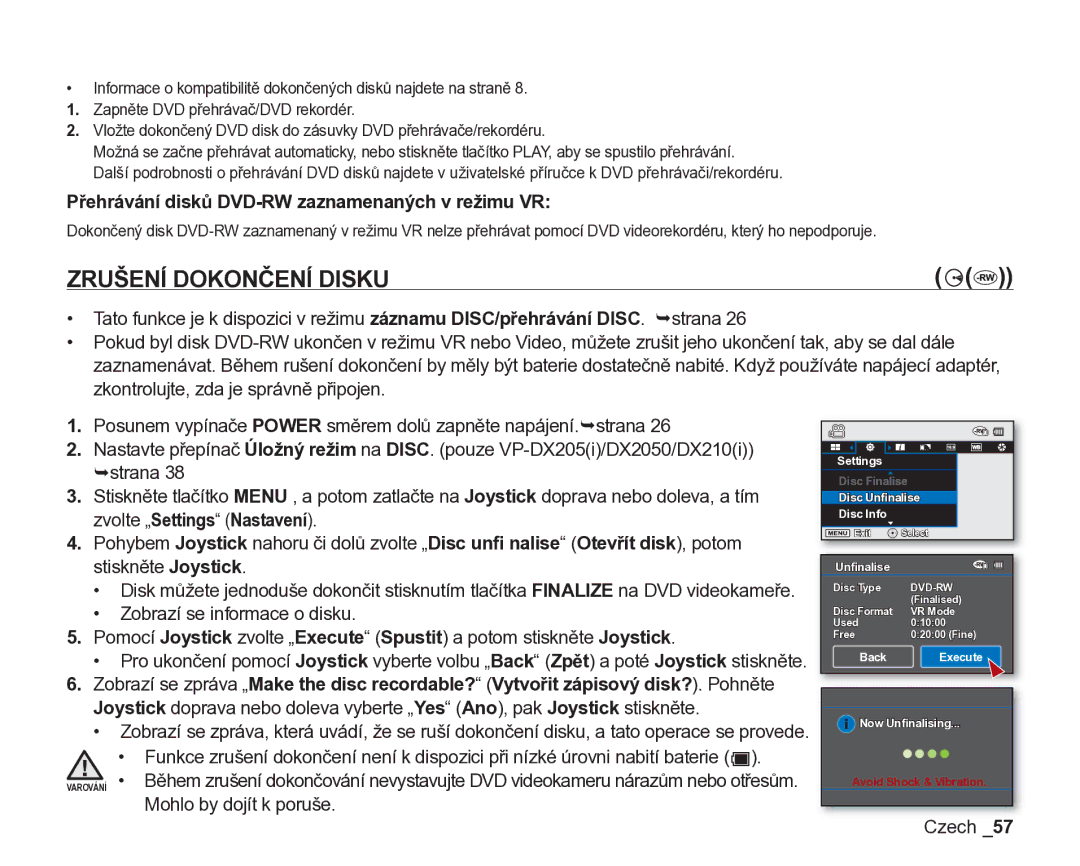 Samsung VP-DX200/EDC, VP-DX205/EDC manual Zrušení Dokončení Disku, Přehrávání disků DVD-RW zaznamenaných v režimu VR 