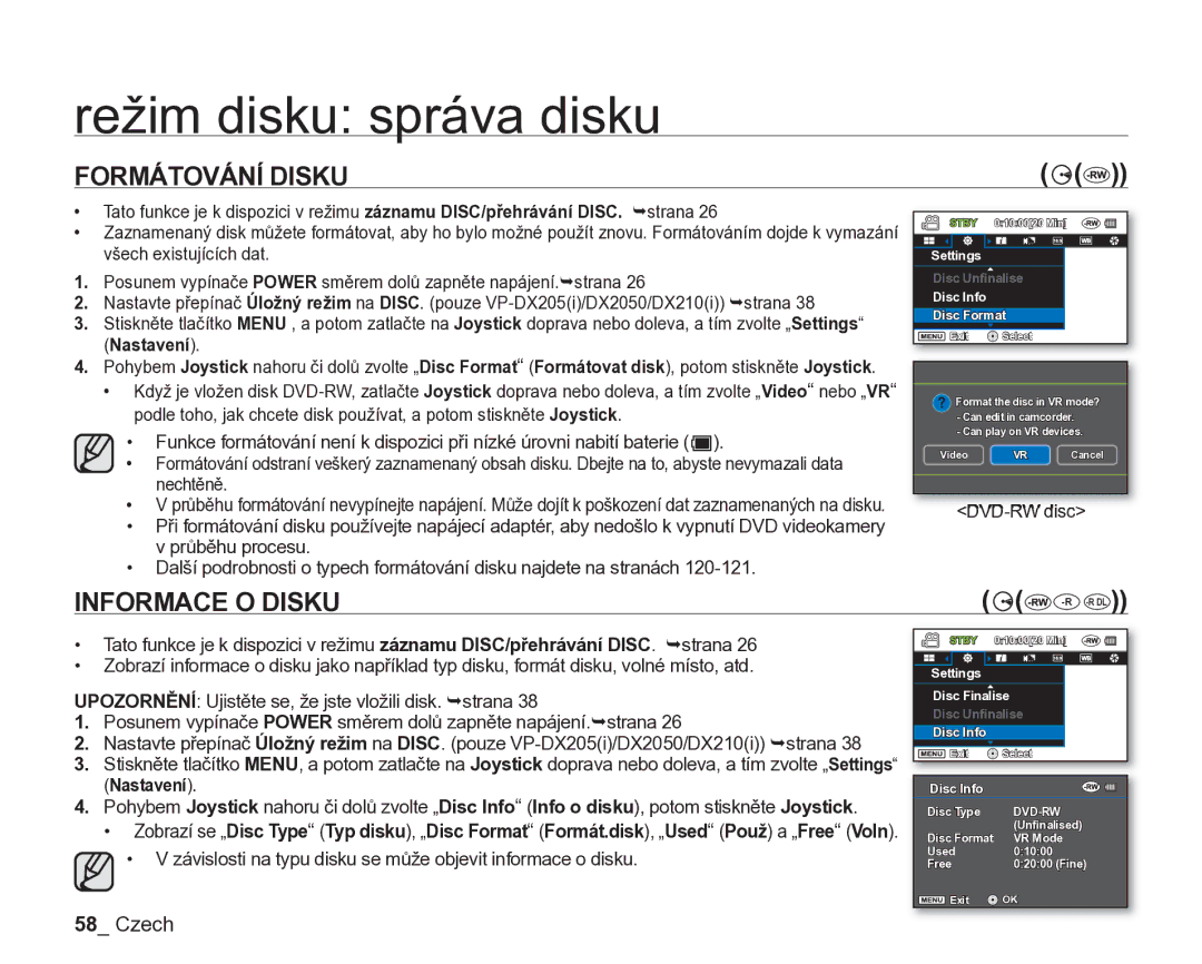 Samsung VP-DX205/EDC, VP-DX200/EDC manual Formátování Disku, Informace O Disku 