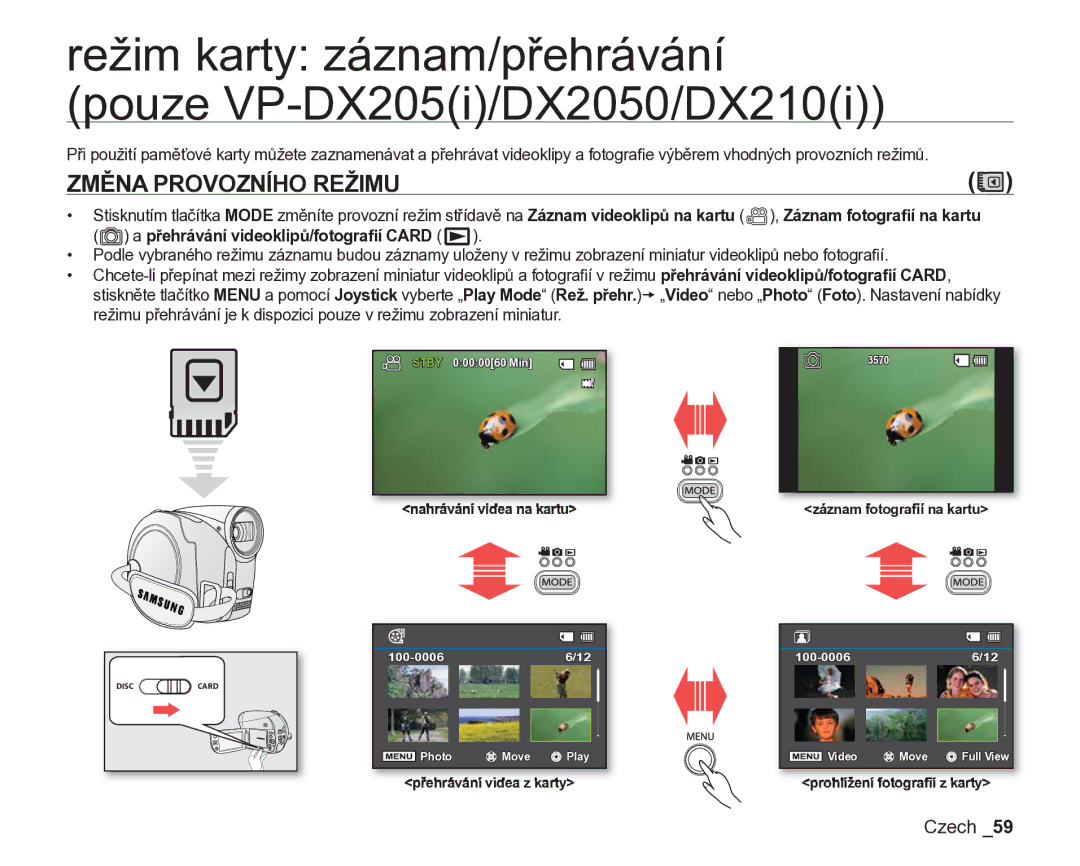 Samsung VP-DX200/EDC, VP-DX205/EDC Režim karty záznam/přehrávání pouze VP-DX205i/DX2050/DX210i, Změna Provozního Režimu 