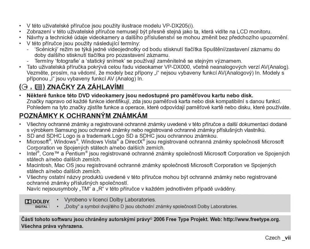 Samsung VP-DX200/EDC, VP-DX205/EDC manual Značky ZA Záhlavími, Poznámky K Ochranným Známkám 