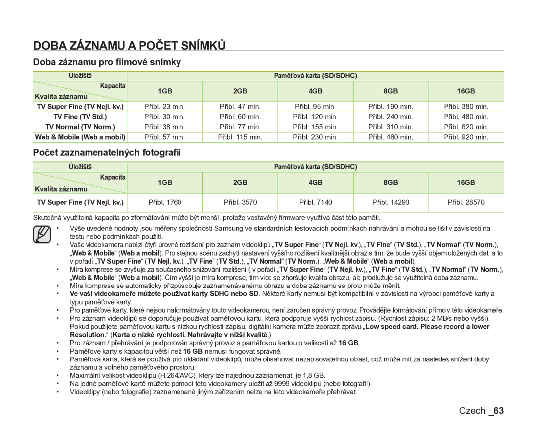 Samsung VP-DX200/EDC manual Doba Záznamu a Počet Snímků, Doba záznamu pro ﬁlmové snímky, Počet zaznamenatelných fotograﬁí 