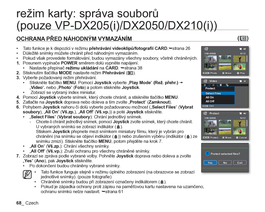 Samsung VP-DX205/EDC manual Režim karty správa souborů Pouze VP-DX205i/DX2050/DX210i, Ochrana Před Náhodným Vymazáním 