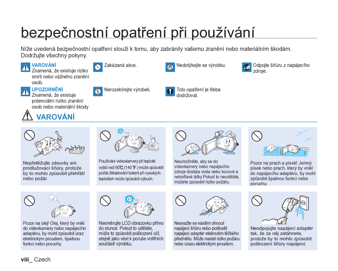 Samsung VP-DX205/EDC, VP-DX200/EDC manual Bezpečnostní opatření při používání, Viii Czech 