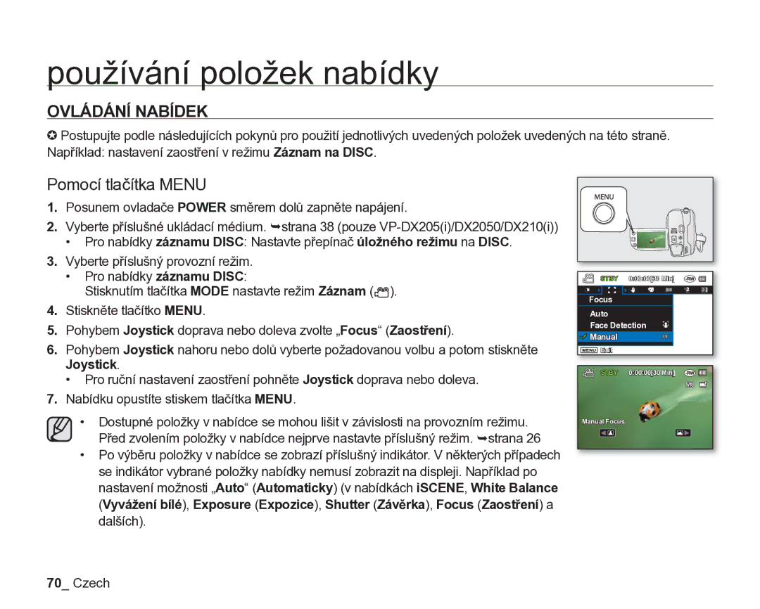 Samsung VP-DX205/EDC, VP-DX200/EDC manual Používání položek nabídky, Ovládání Nabídek, Pomocí tlačítka Menu 