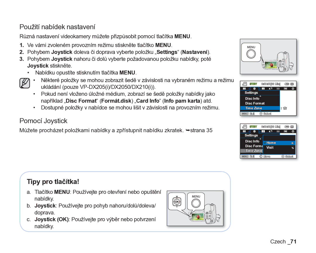 Samsung VP-DX200/EDC, VP-DX205/EDC manual Použití nabídek nastavení, Pomocí Joystick 