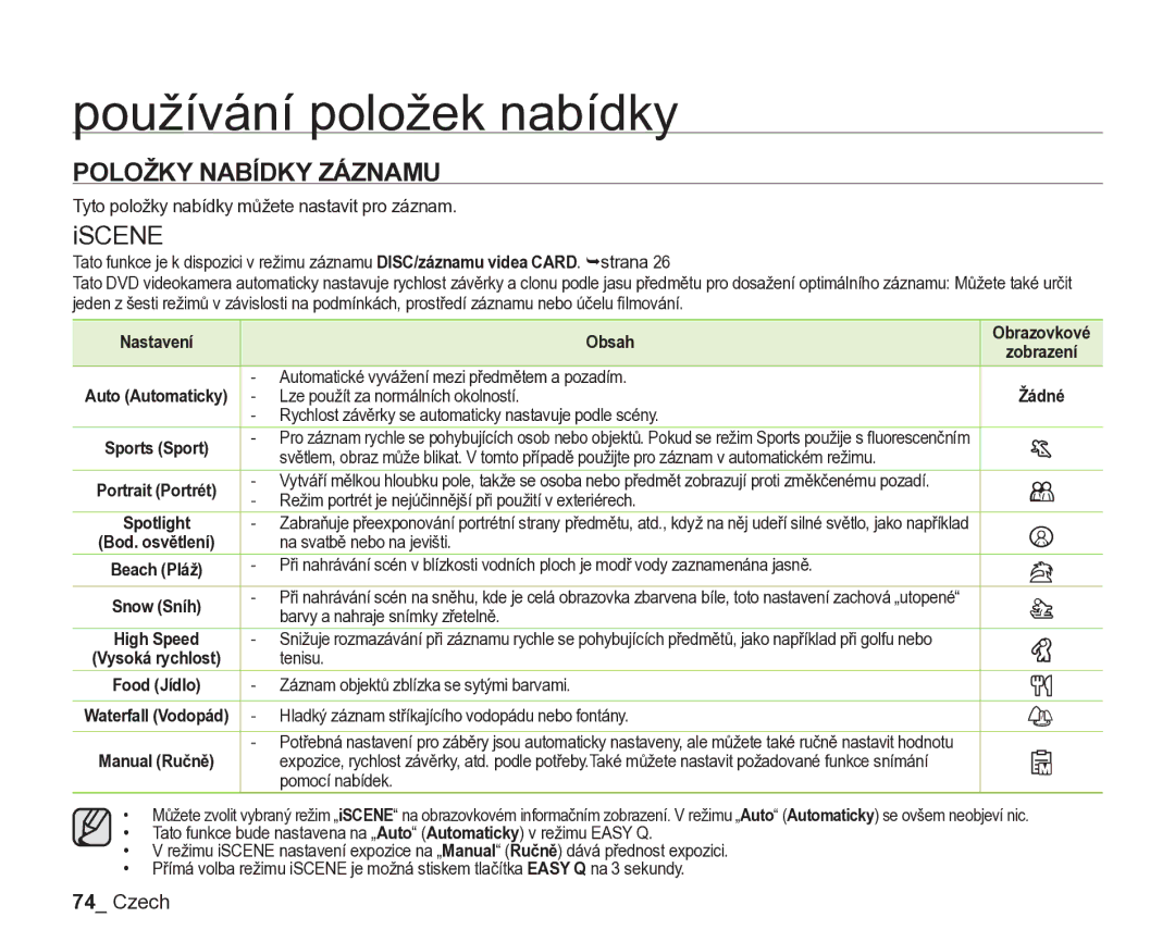 Samsung VP-DX205/EDC, VP-DX200/EDC manual Položky Nabídky Záznamu, Iscene 