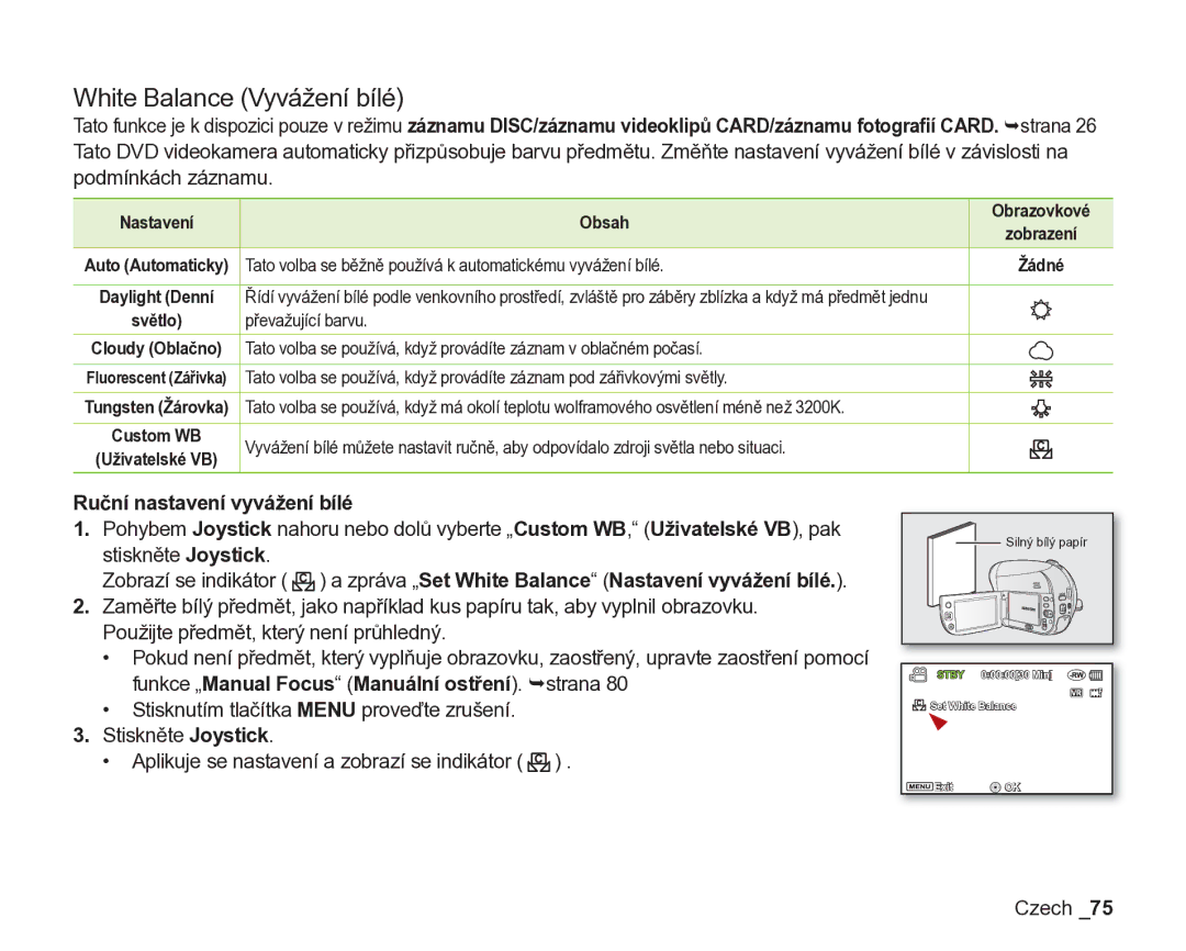 Samsung VP-DX200/EDC, VP-DX205/EDC White Balance Vyvážení bílé, Ruční nastavení vyvážení bílé, Nastavení Obsah Obrazovkové 