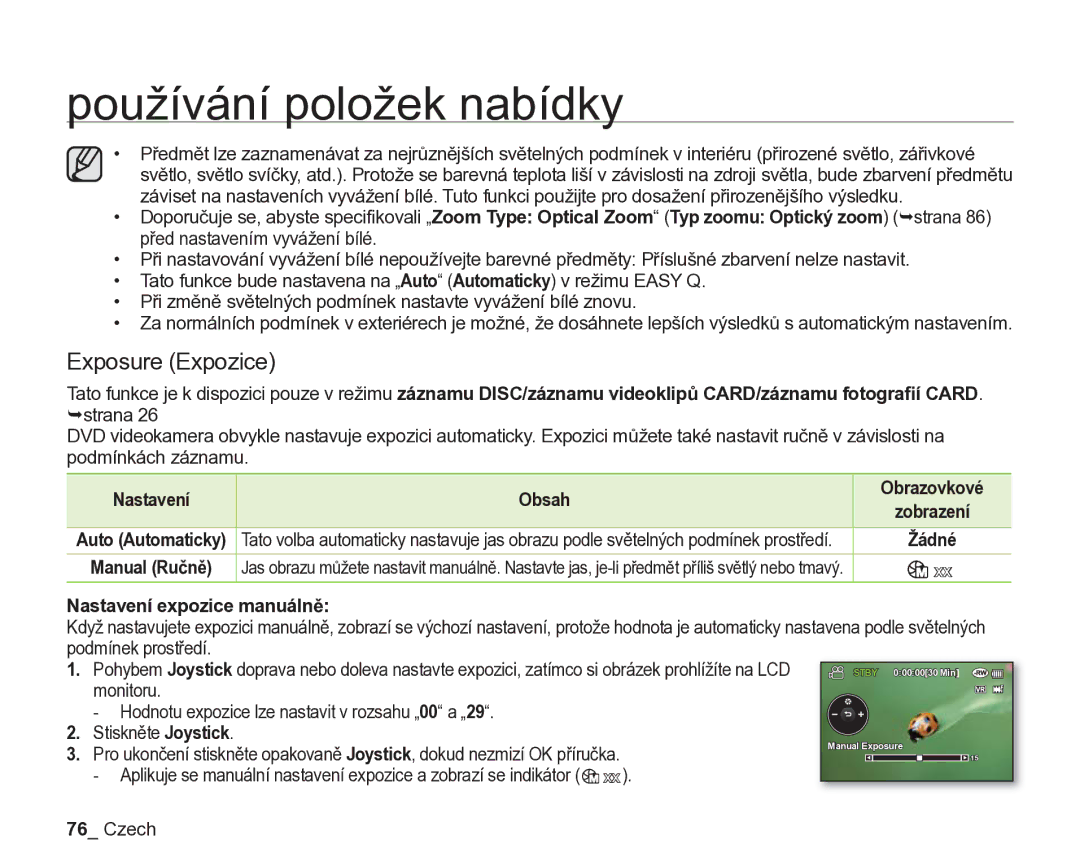 Samsung VP-DX205/EDC, VP-DX200/EDC manual Exposure Expozice, Obsah, Nastavení expozice manuálně, Podmínek prostředí 